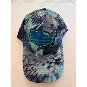 Kryptek Pontus Camo USA Flag Map Hat Blue Teal Q3 Moisture Wicking Baseball Cap